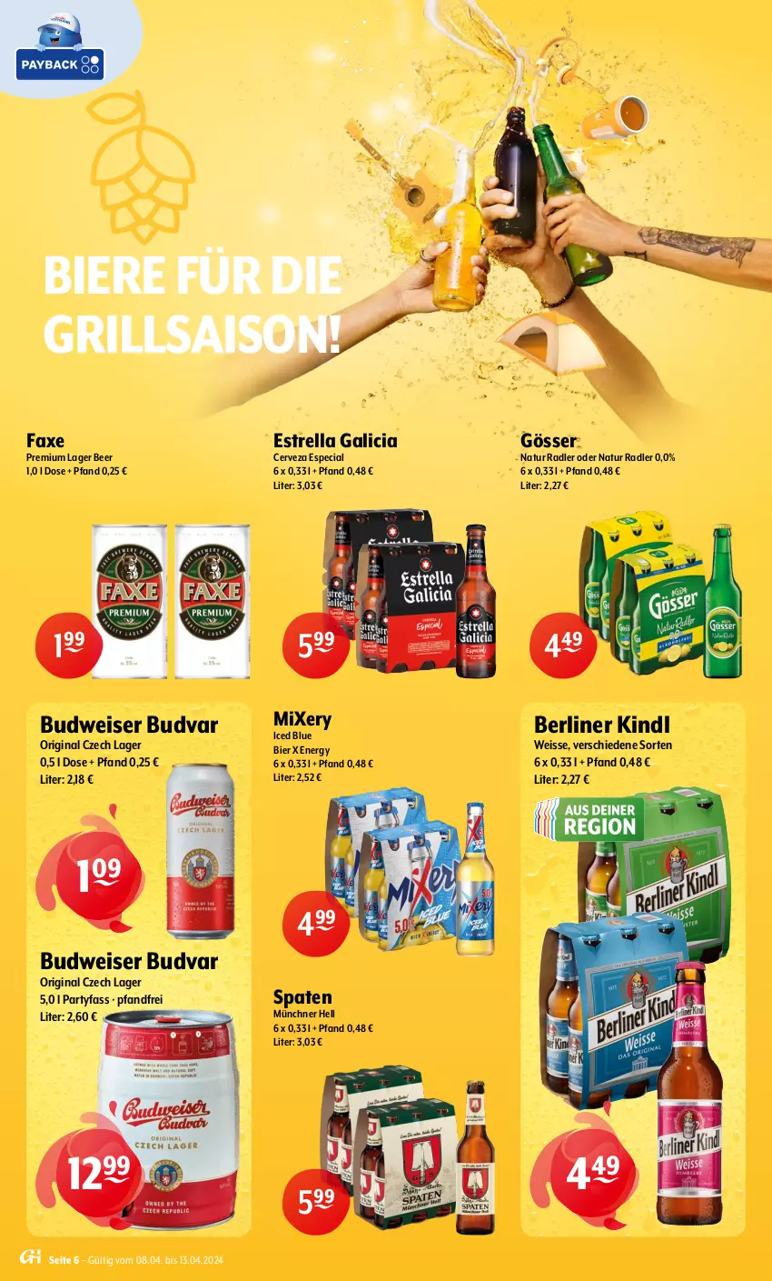 Aktueller Prospekt Getraenke Hoffmann - Prospekte - von 08.04 bis 13.04.2024 - strona 6 - produkty: axe, berliner, berliner kindl, bier, Biere, budweiser, eis, gin, gösser, grill, Mixer, mixery, natur, natur radler, radler, rel, Spaten, Ti