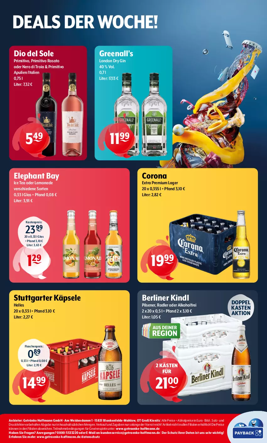 Aktueller Prospekt Getraenke Hoffmann - Prospekte - von 08.04 bis 13.04.2024 - strona 8 - produkty: abholpreise, alkohol, berliner, berliner kindl, corona, corona extra, dry gin, eis, Elephant Bay, elle, flasche, getränk, getränke, gewinnspiel, gin, ice tea, lemonade, london dry, london dry gin, nero, pils, pilsener, primitivo, radler, reis, rosato, Spiele, Ti