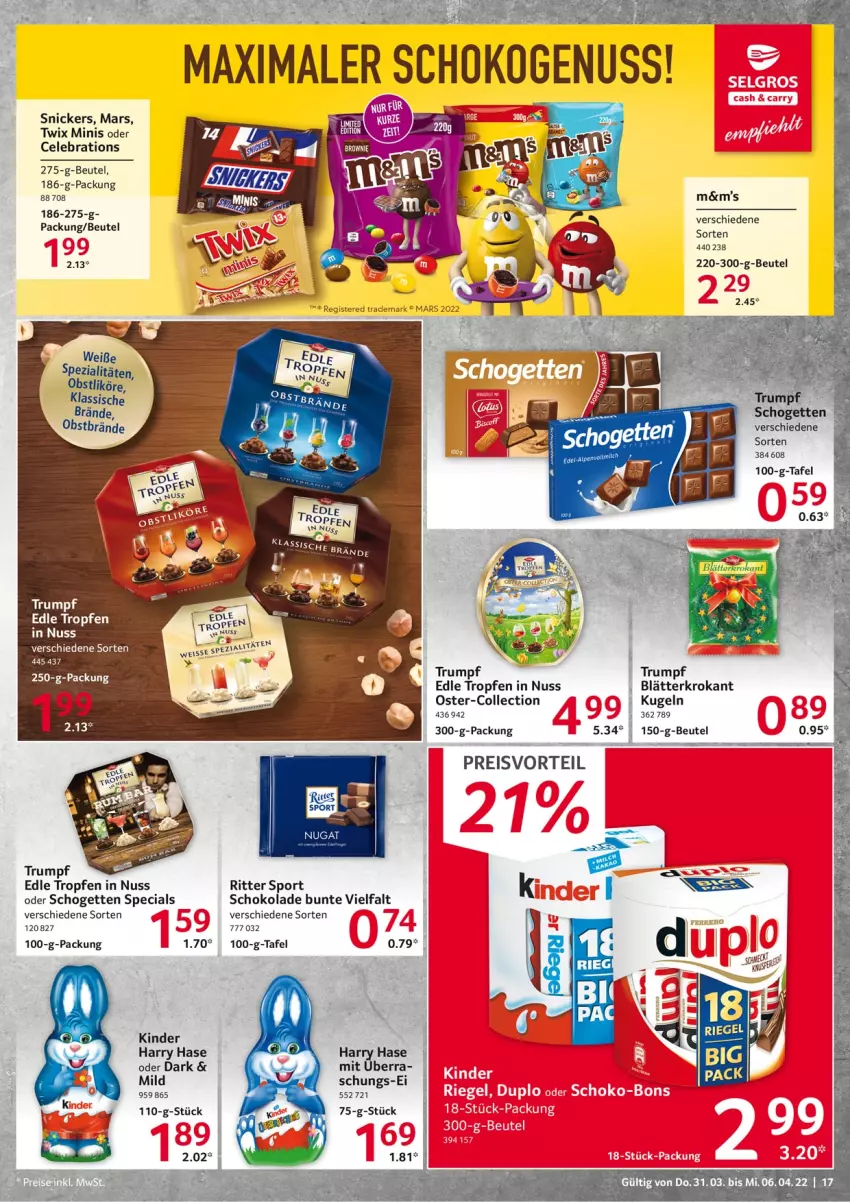 Aktueller Prospekt Selgros - Food - von 31.03 bis 06.04.2022 - strona 17 - produkty: beutel, eis, Kinder, Kugel, likör, mars, nuss, obst, preisvorteil, reis, ritter, ritter sport, rum, schogetten, schoko, schokolade, snickers, Spezi, Sport, Ti, twix