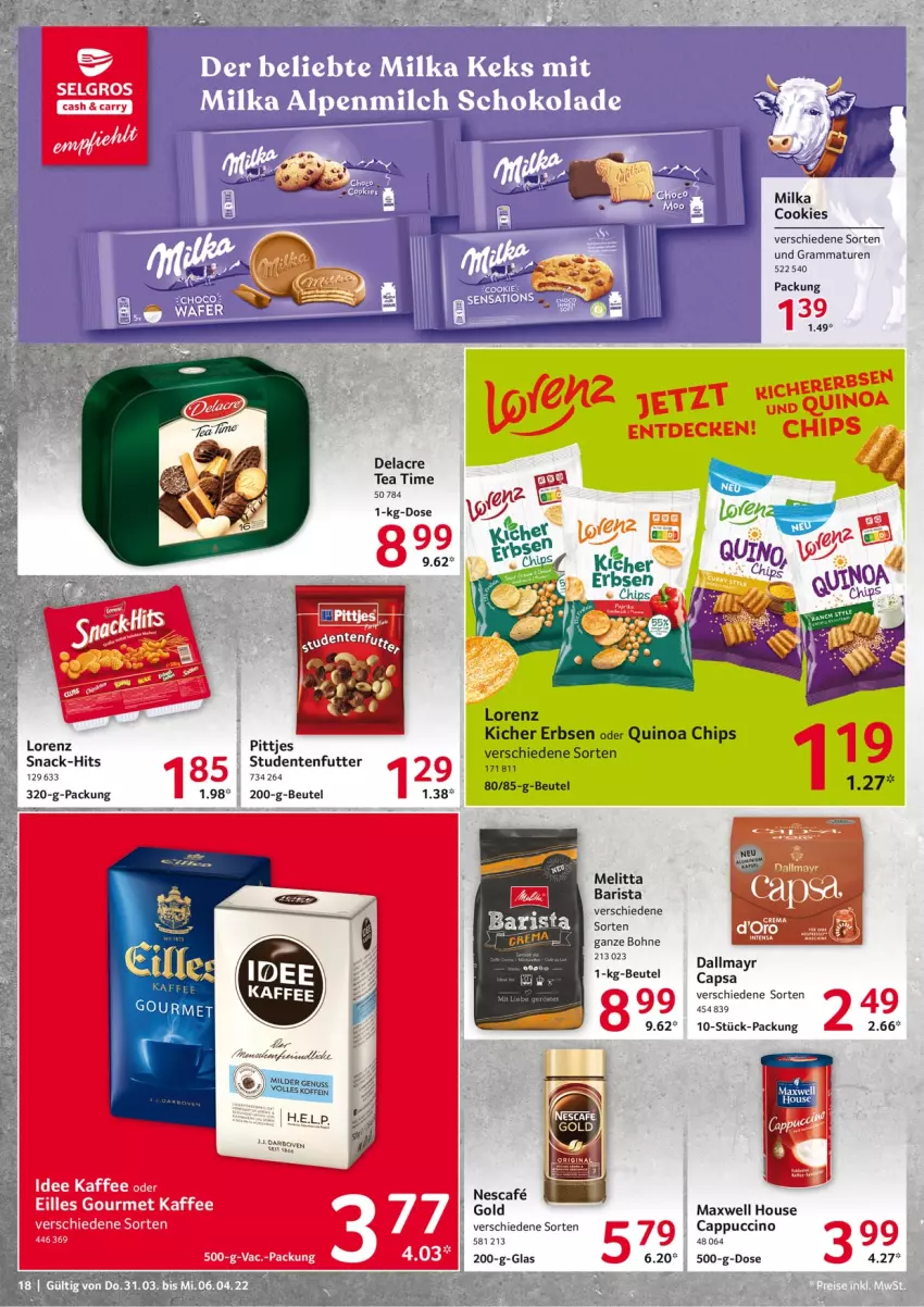 Aktueller Prospekt Selgros - Food - von 31.03 bis 06.04.2022 - strona 18 - produkty: alpenmilch, beutel, bohne, Cap, cappuccino, chips, cin, cookie, cookies, dallmayr, darbo, ente, erbsen, keks, lorenz, melitta, milch, milka, quinoa, schoko, schokolade, sensations, snack, studentenfutter, tee, Ti