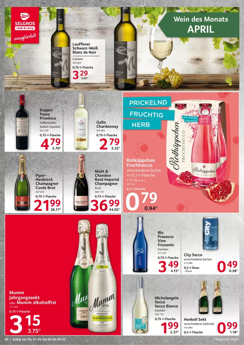 Aktueller Prospekt Selgros - Food - von 31.03 bis 06.04.2022 - strona 20 - produkty: alkohol, brut, champagne, champagner, chardonnay, ecco, Elan, flasche, frizzante, frucht, gallo, Hela, henkel, henkell, henkell sekt, primitivo, prosecco, Ria, sekt, Ti