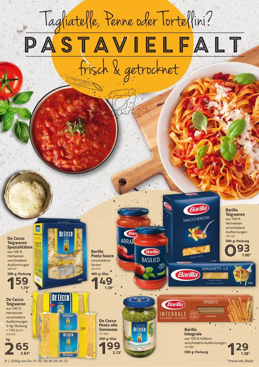 Aktueller Prospekt Selgros - Food - von 31.03 bis 06.04.2022 - strona 8 - produkty: barilla, De Cecco, dell, ecco, eis, elle, genovese, hartweizen, korn, pasta, Pasta Sauce, pesto, reis, sauce, spaghetti, spaghetti n.5, Spezi, teigwaren, Ti