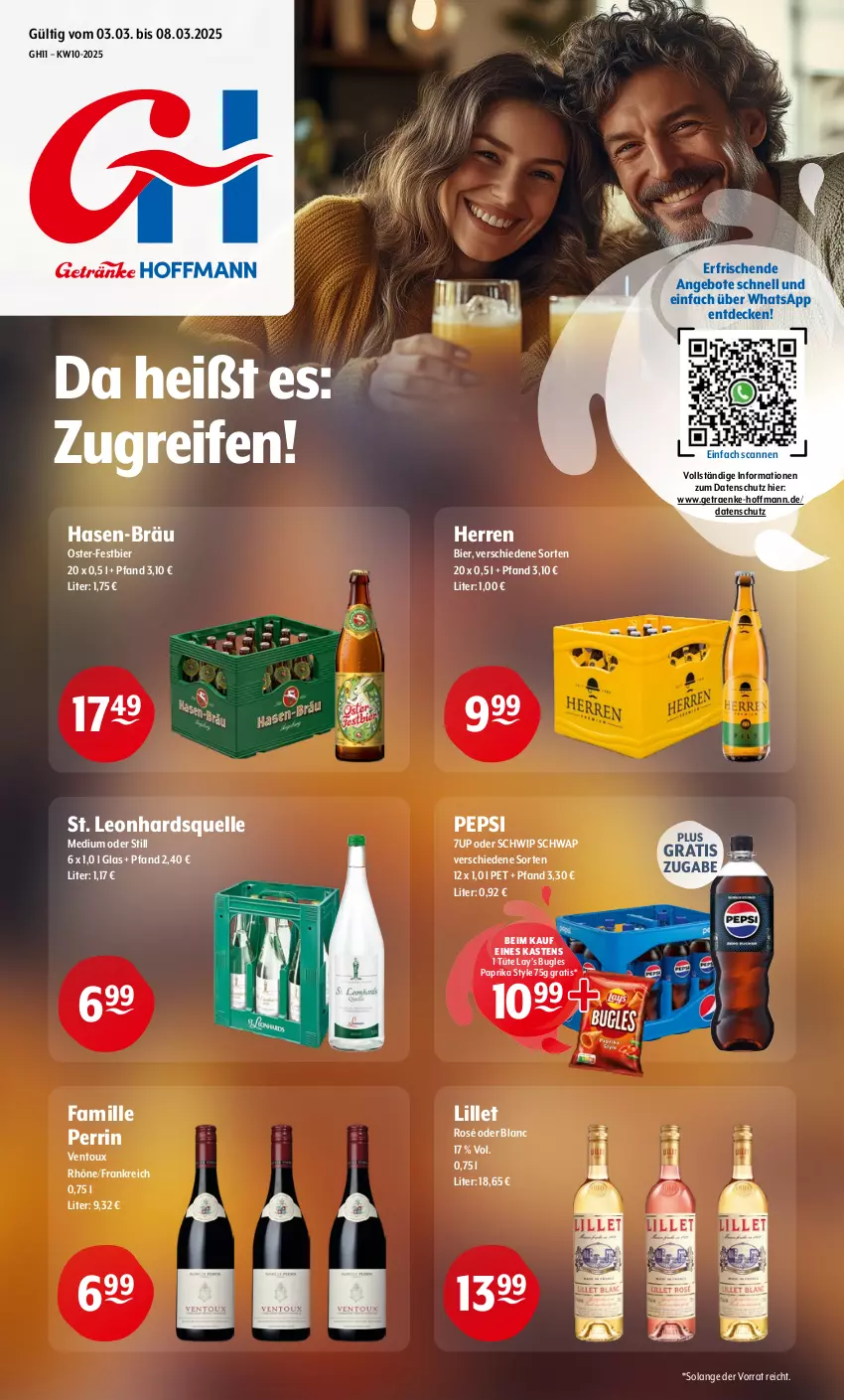 Aktueller Prospekt Getraenke Hoffmann - Prospekte - von 03.03 bis 08.03.2025 - strona 1 - produkty: 7UP, angebot, angebote, bier, bugles, decke, elle, lillet, paprika, pepsi, reifen, Schwip Schwap, Ti, Tüte