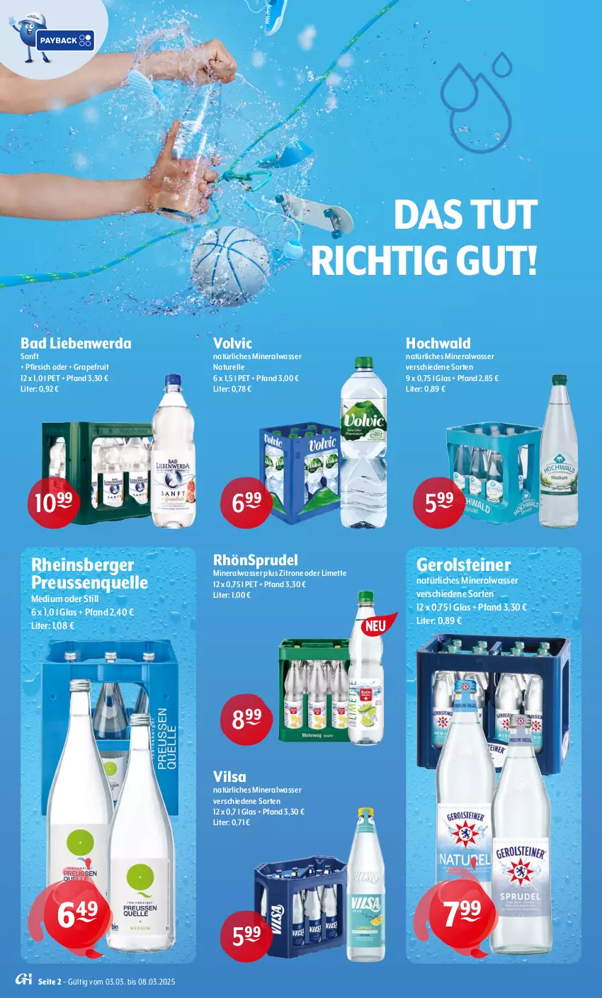 Aktueller Prospekt Getraenke Hoffmann - Prospekte - von 03.03 bis 08.03.2025 - strona 2 - produkty: Alwa, Bad, Bad Liebenwerda, Berger, elle, gerolsteine, gerolsteiner, grapefruit, hochwald, limette, Mett, mineralwasser, natur, natürliches mineralwasser, pfirsich, rel, Rheinsberger Preussenquelle, RhönSprudel, Sprudel, steiner, Ti, vilsa, volvic, wasser, zitrone