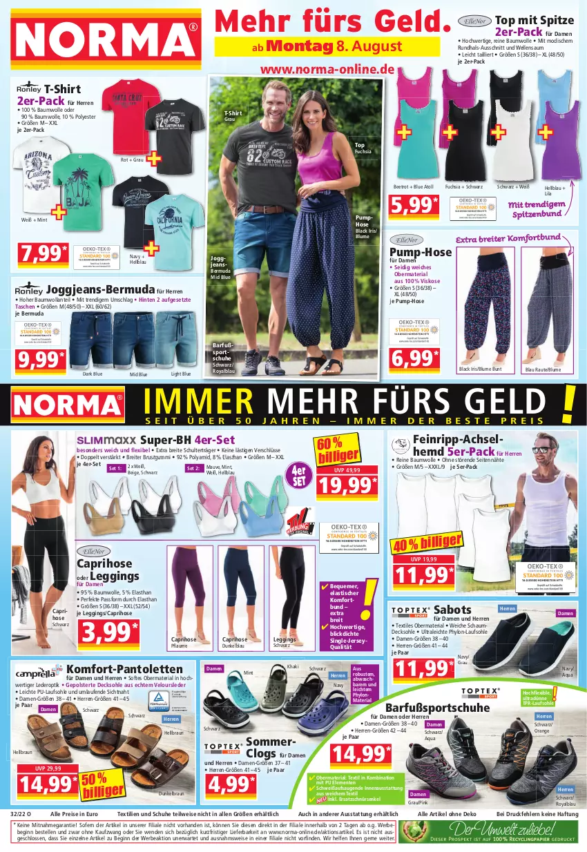 Aktueller Prospekt Norma - Norma - von 08.08 bis 15.08.2022 - strona 1 - produkty: achselhemd, aqua, asti, Bau, baumwolle, Bebe, bermuda, blume, braun, Brei, Cap, caprihose, Clogs, decksohle, eis, elle, ente, gin, hemd, hose, Hylo, jeans, lack, Laufen, leggings, mint, orange, pantolette, pantoletten, pflaume, reine baumwolle, reis, Ria, Sabots, schuhe, shirt, Sport, sportschuhe, T-Shirt, Tasche, taschen, Ti, tisch, wolle, ZTE