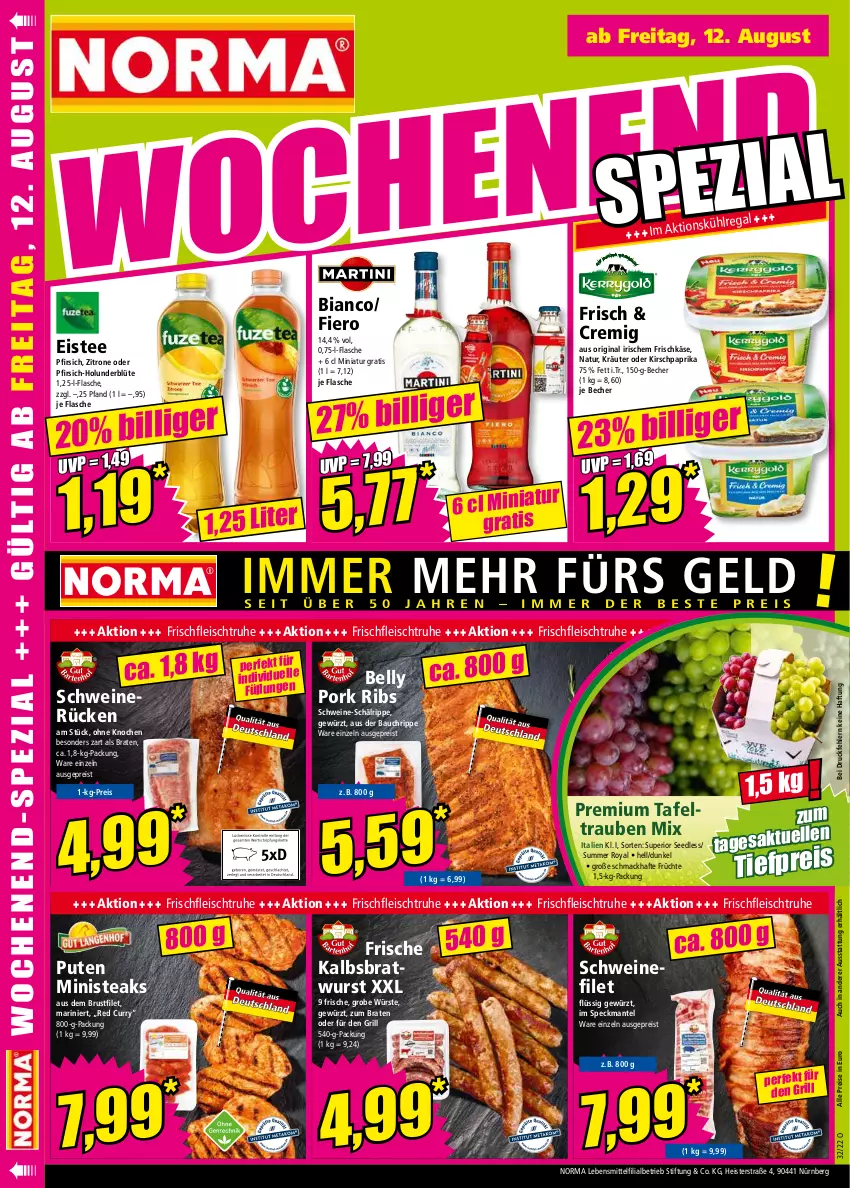 Aktueller Prospekt Norma - Norma - von 08.08 bis 15.08.2022 - strona 16 - produkty: Bau, Becher, Blüte, braten, bratwurst, brustfilet, curry, eis, eistee, filet, flasche, fleisch, frischkäse, früchte, gewürz, gin, grill, holunder, holunderblüte, HP, Kalbsbratwurst, Käse, kirsch, kräuter, lebensmittel, mac, Mantel, natur, paprika, pfirsich, pute, regal, reis, schwein, schweine, schweinefilet, schweinerücken, Speck, steak, steaks, tafeltrauben, tee, Ti, tiefpreis, trauben, wein, weine, wurst, zitrone