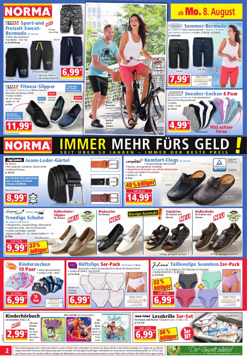 Aktueller Prospekt Norma - Norma - von 08.08 bis 15.08.2022 - strona 2 - produkty: asti, Bau, baumwolle, Bebe, bermuda, braun, Brei, Brille, buch, Clogs, decksohle, dell, eier, eis, Elan, elle, gin, Hylo, jeans, Kinder, Mode, pizza, reine baumwolle, reis, Ria, sandale, sandalen, schuhe, shirt, slip, Slipper, slips, sneaker, socken, Spiele, Sport, sportschuhe, T-Shirt, Taillenslip, Tasche, taschen, Ti, wolle