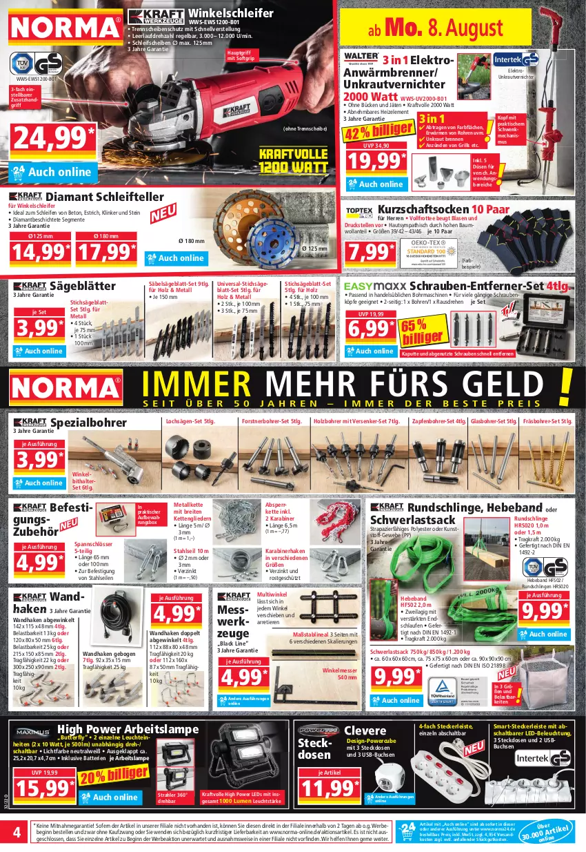 Aktueller Prospekt Norma - Norma - von 08.08 bis 15.08.2022 - strona 4 - produkty: aufbewahrungsbox, batterie, batterien, Bau, Beba, Bebe, beleuchtung, Bohrer-Set, Brei, buch, butter, eis, Elektro, elle, ente, gin, grill, Holz, ilag, Kette, kraft, Kraut, Kurzschaftsocken, lack, Lampe, Laufen, led-beleuchtung, leds, Leuchte, LG, messer, ndk, reis, Säbelsäge, sac, säge, Schal, schrauben, socken, Spezi, Spiele, steckdose, stichsäge, tee, teller, Ti, Tiere, tisch, unkrautvernichter, usb, werkzeug, werkzeuge, Winkelschleifer, ZTE