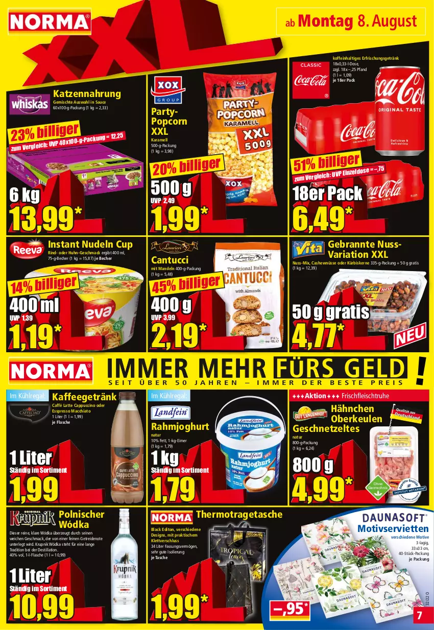 Aktueller Prospekt Norma - Norma - von 08.08 bis 15.08.2022 - strona 7 - produkty: ACC, Becher, Cap, cappuccino, Cashew, chia, cin, eimer, eis, erfrischungsgetränk, flasche, fleisch, geschnetzeltes, getränk, joghur, joghurt, kaffee, karamell, katzennahrung, kühlregal, Kürbis, kürbiskerne, lack, latte, mac, macchiato, mandel, mandeln, natur, nudel, nudeln, nuss, popcorn, rahmjoghurt, regal, Ria, rind, sauce, Serviette, servietten, Tasche, Ti, tisch, tragetasche, tuc, Zelt