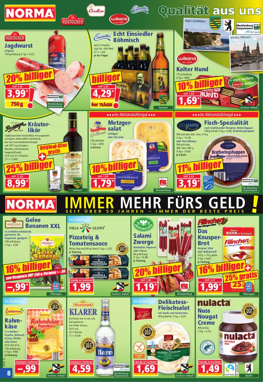 Aktueller Prospekt Norma - Norma - von 08.08 bis 15.08.2022 - strona 8 - produkty: ball, banane, bananen, Becher, brot, creme, eier, eiersalat, eis, elle, fisch, flasche, fleisch, fleischsalat, Geflügel, gelee, gewürz, gin, gurke, hering, Herings, Heringshappen, jagdwurst, Käse, kräuter, kräuterlikör, kräutern, Kreide, kühlregal, likör, lorenz, mac, matjes, natur, nougat creme, nuss, paprika, peperoni, Peroni, pfeffer, pizza, Pizzateig, regal, rezept, ring, salami, salat, salatcreme, sauce, Schal, Schale, schoko, schokolade, Spezi, Ti, tomate, tomaten, tomatensauce, Vegeta, vita, wurst, Zartbitterschokolade