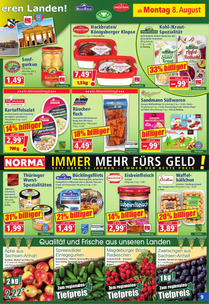 Aktueller Prospekt Norma - Norma - von 08.08 bis 15.08.2022 - strona 9 - produkty: apfel, auer, Bau, Bauer, Becher, Berger, braten, burger, creme, eis, filet, filets, fisch, fleisch, fleischsalat, Garten, gurke, gurken, hering, Herings, heringsfilets, honig, Honig-Senf, jagdwurst, joghur, joghurt, kartoffel, kartoffelsalat, Königsberger Klopse, Kraut, kräuter, kräutern, kühlregal, lachs, lachsfilet, lachsfilets, leberwurst, limette, limetten, mac, Mett, metten, milch, Nougatcreme, obst, pfeffer, pflanze, pflanzen, Pflanzenöl, Pusztasalat, radieschen, regal, reis, riegel, ring, rotkohl, Rotwurst, sac, salat, sauce, Sauerkraut, schoko, senf, Spezi, spreewälder, spreewaldhof, Ti, tiefpreis, tomate, tomaten, vanille, Waffelröllchen, wurst