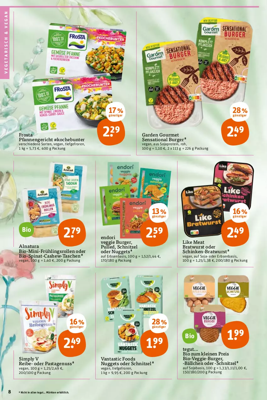 Aktueller Prospekt Tegut - Angebote der Woche - von 10.01 bis 15.01.2022 - strona 10 - produkty: asti, bio, bratwurst, burger, Cashew, eis, erbsen, frosta, garden gourmet, leine, Like Meat, natur, natura, nuggets, nuss, pasta, pfanne, pfannen, reis, schinken, schnitzel, sim, soja, spinat, Tasche, taschen, Ti, Vegeta, veggie, wurst