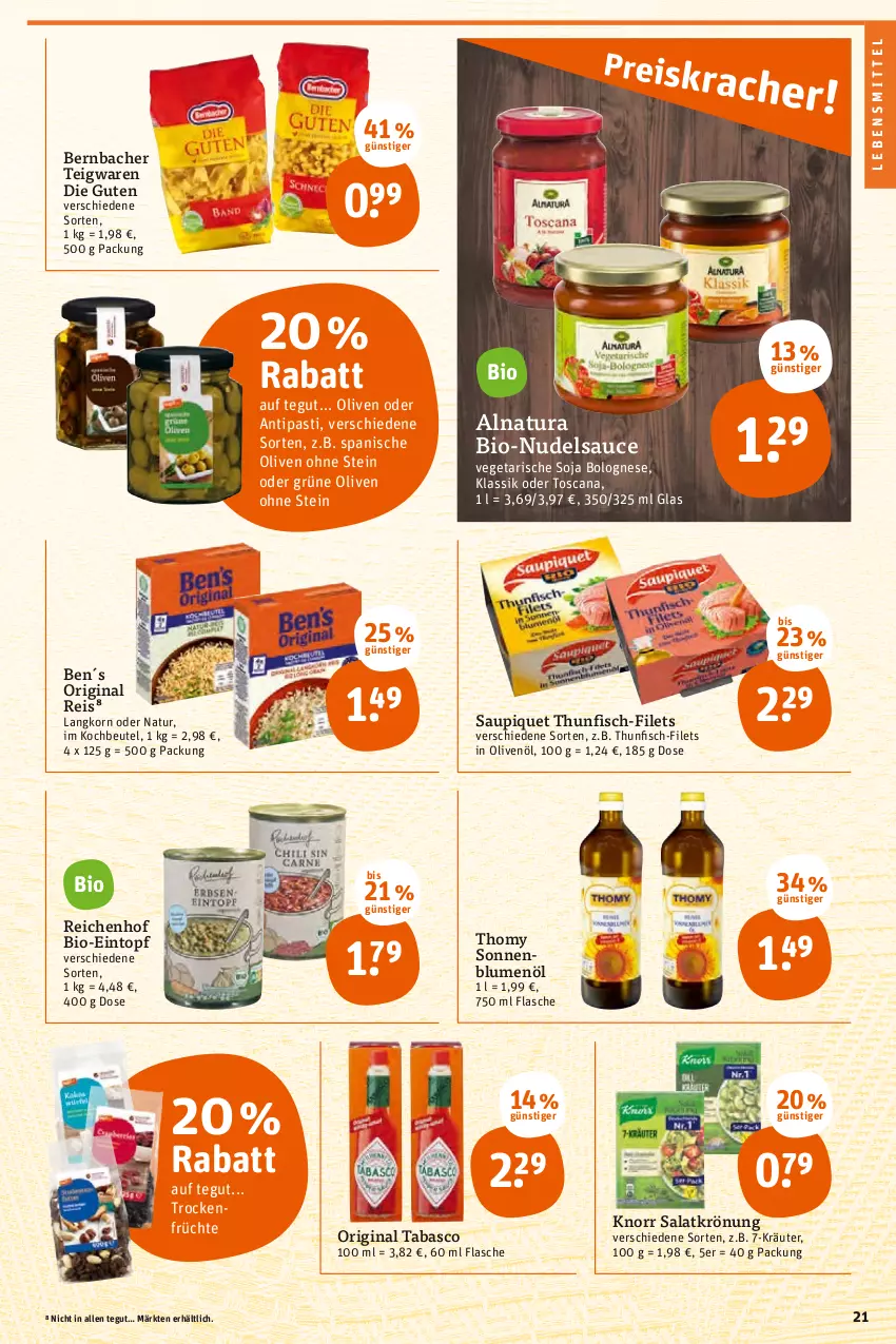 Aktueller Prospekt Tegut - Angebote der Woche - von 10.01 bis 15.01.2022 - strona 23 - produkty: antipasti, asti, bernbacher, beutel, bio, blume, blumen, blumenöl, bolognese, eintopf, eis, filet, filets, fisch, flasche, früchte, gin, grüne oliven, in olivenöl, knorr, kochbeutel, korn, kräuter, lebensmittel, natur, natura, nudel, olive, oliven, olivenöl, reis, salat, salatkrönung, sauce, saupiquet, soja, sonnenblume, sonnenblumen, sonnenblumenöl, tabasco, teigwaren, thomy, thunfisch, Ti, topf, Trockenfrüchte, Vegeta