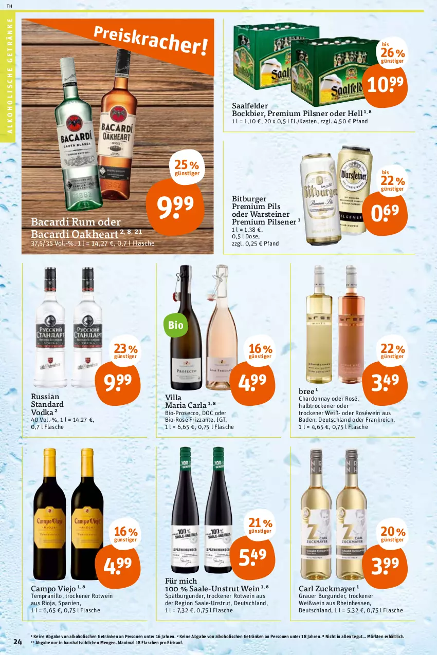 Aktueller Prospekt Tegut - Angebote der Woche - von 10.01 bis 15.01.2022 - strona 26 - produkty: alkohol, alkoholische getränke, arla, auer, bacardi, bacardi rum, Bad, bier, bio, bitburger, bree, burger, burgunder, campo viejo, chardonnay, ecco, flasche, frizzante, getränk, getränke, grauer burgunder, oakheart, pils, pilsener, pilsner, premium pils, prosecco, Ria, rioja, roséwein, rotwein, rum, russian standard, Saalfelder, spätburgunder, steiner, tempranillo, Ti, vodka, warsteiner, wein, Weißwein