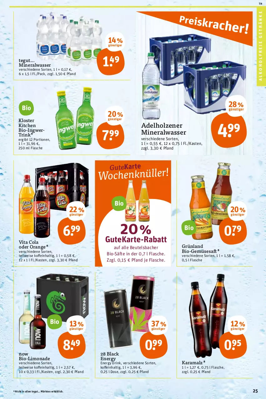 Aktueller Prospekt Tegut - Angebote der Woche - von 10.01 bis 15.01.2022 - strona 27 - produkty: adelholzener, alkohol, alkoholfreie getränke, Alwa, beutel, bio, Bio-Gemüse, cola, drink, eis, energy drink, flasche, getränk, getränke, Holz, ingwer, karamalz, lack, limo, limonade, malz, mineralwasser, orange, rama, saft, säfte, Ti, vita, Vita C, wasser