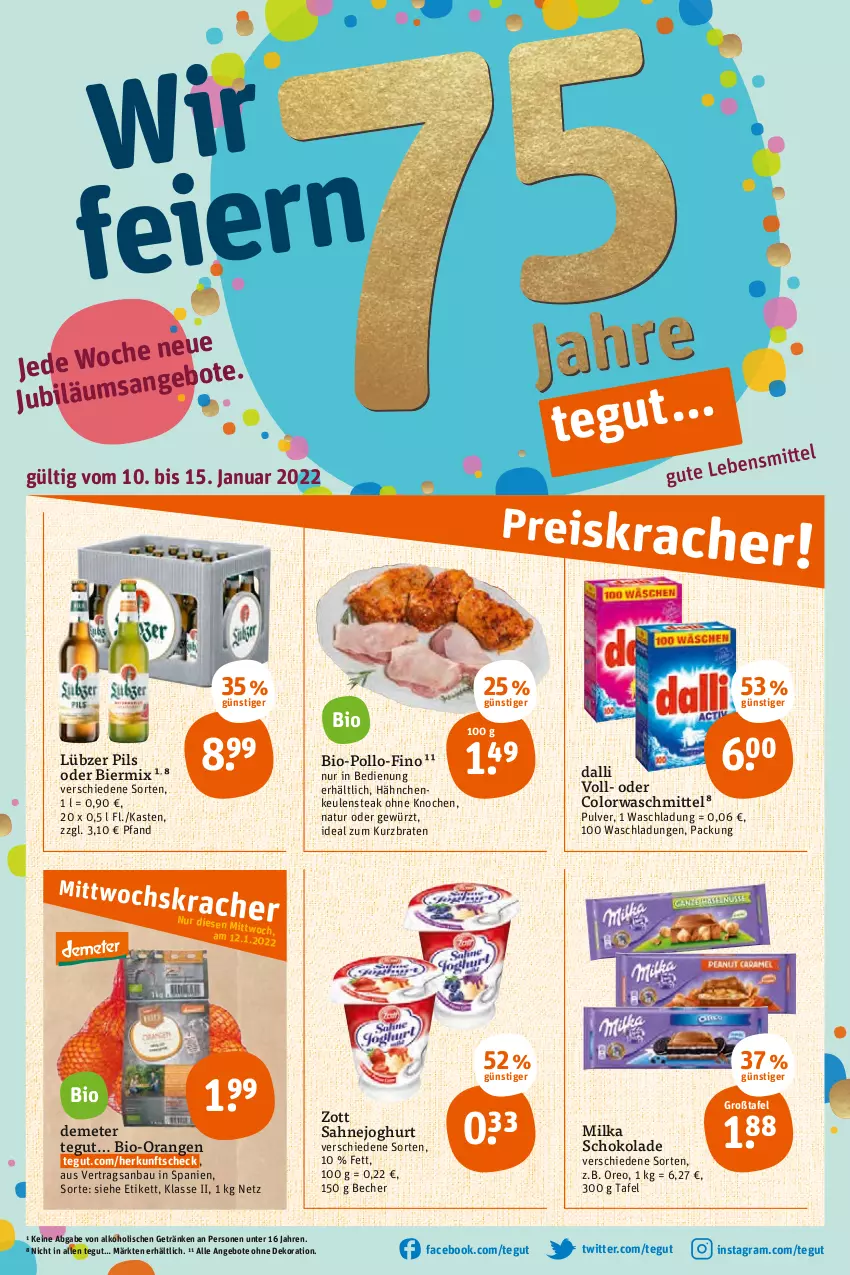 Aktueller Prospekt Tegut - Angebote der Woche - von 10.01 bis 15.01.2022 - strona 3 - produkty: alkohol, angebot, angebote, Bau, Becher, bier, bio, braten, colorwaschmittel, dalli, dekoration, getränk, getränke, gewürz, joghur, joghurt, Lübzer, milka, milka schokolade, natur, orange, orangen, oreo, pils, sahne, Sahnejoghurt, schoko, schokolade, steak, Ti, waschmittel, zott