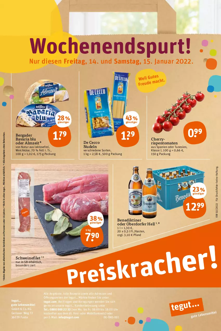 Aktueller Prospekt Tegut - Angebote der Woche - von 10.01 bis 15.01.2022 - strona 30 - produkty: alkohol, angebot, angebote, bavaria blu, Benediktiner, bergader, De Cecco, dekoration, ecco, filet, Fulda, getränk, getränke, Käse, lebensmittel, natur, nudel, nudeln, rezept, rezepte, Ria, rispentomaten, schwein, schweine, schweinefilet, Ti, tomate, tomaten, uhr, weichkäse, wein, weine