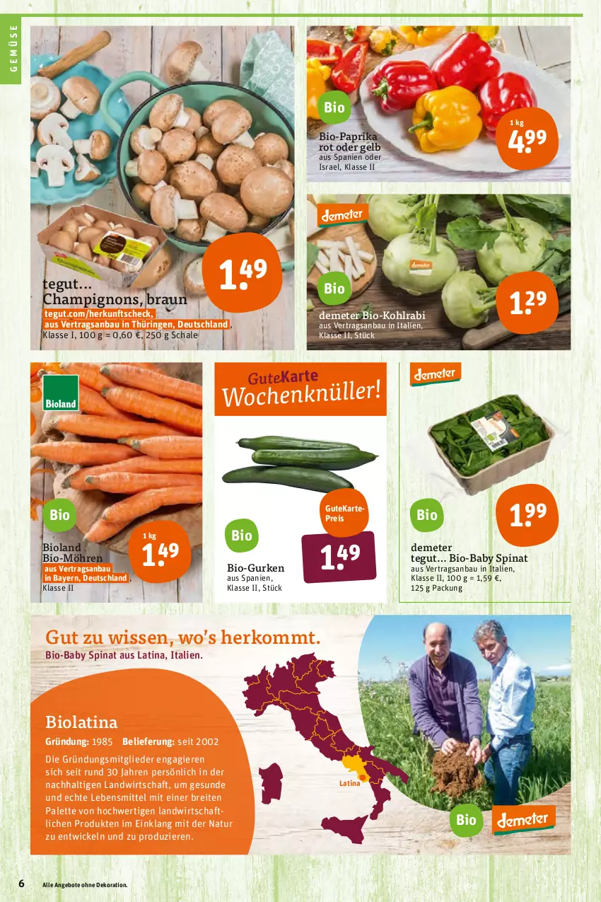 Aktueller Prospekt Tegut - Angebote der Woche - von 10.01 bis 15.01.2022 - strona 8 - produkty: angebot, angebote, Bau, bio, Bio-Paprika, bioland, braun, Brei, champignon, champignons, dekoration, eis, gurke, gurken, kohlrabi, lebensmittel, möhren, natur, Palette, paprika, paprika rot, reis, ring, Schal, Schale, spinat, Ti, WICK