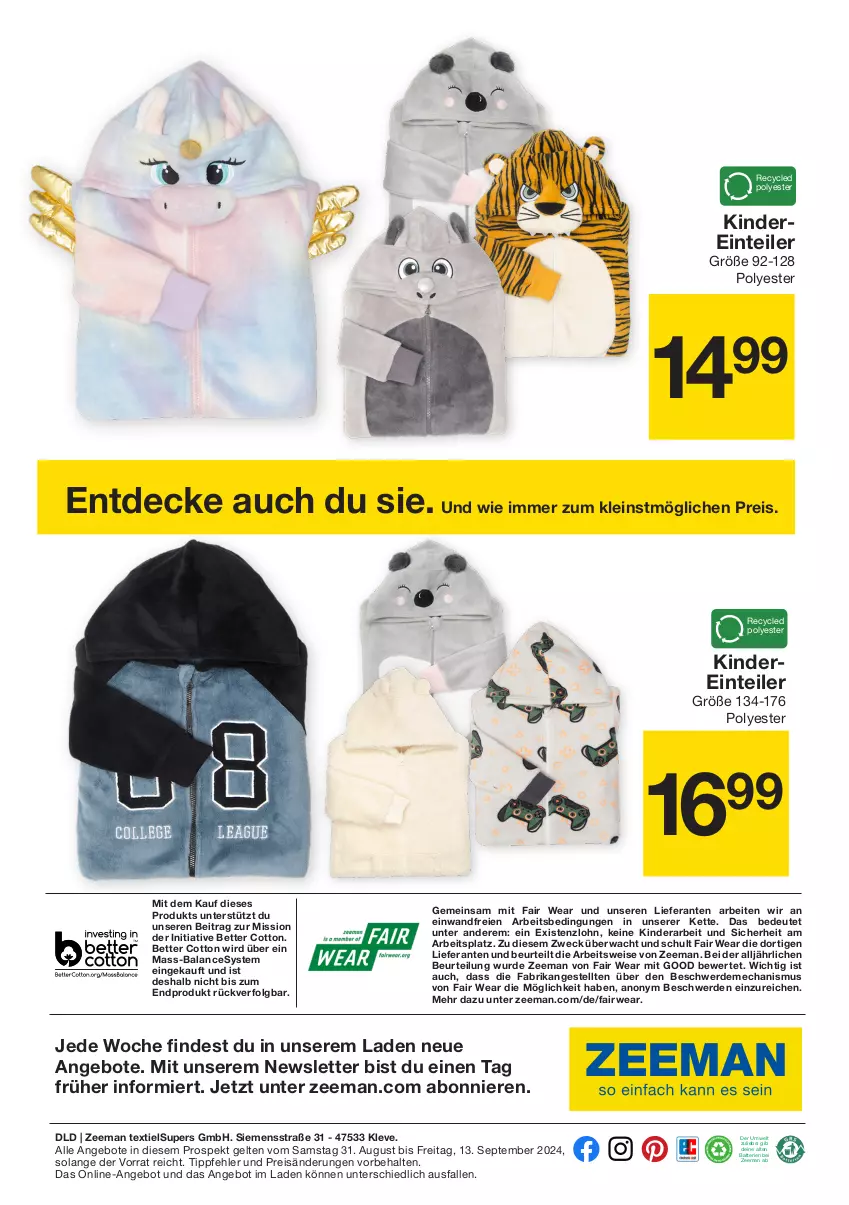 Aktueller Prospekt Zeeman - Prospekte - von 31.08 bis 13.09.2024 - strona 24 - produkty: angebot, angebote, batterie, batterien, bett, decke, Einteiler, eis, erde, Kette, Kinder, LG, reis, rwe, siemens, Ti, weck