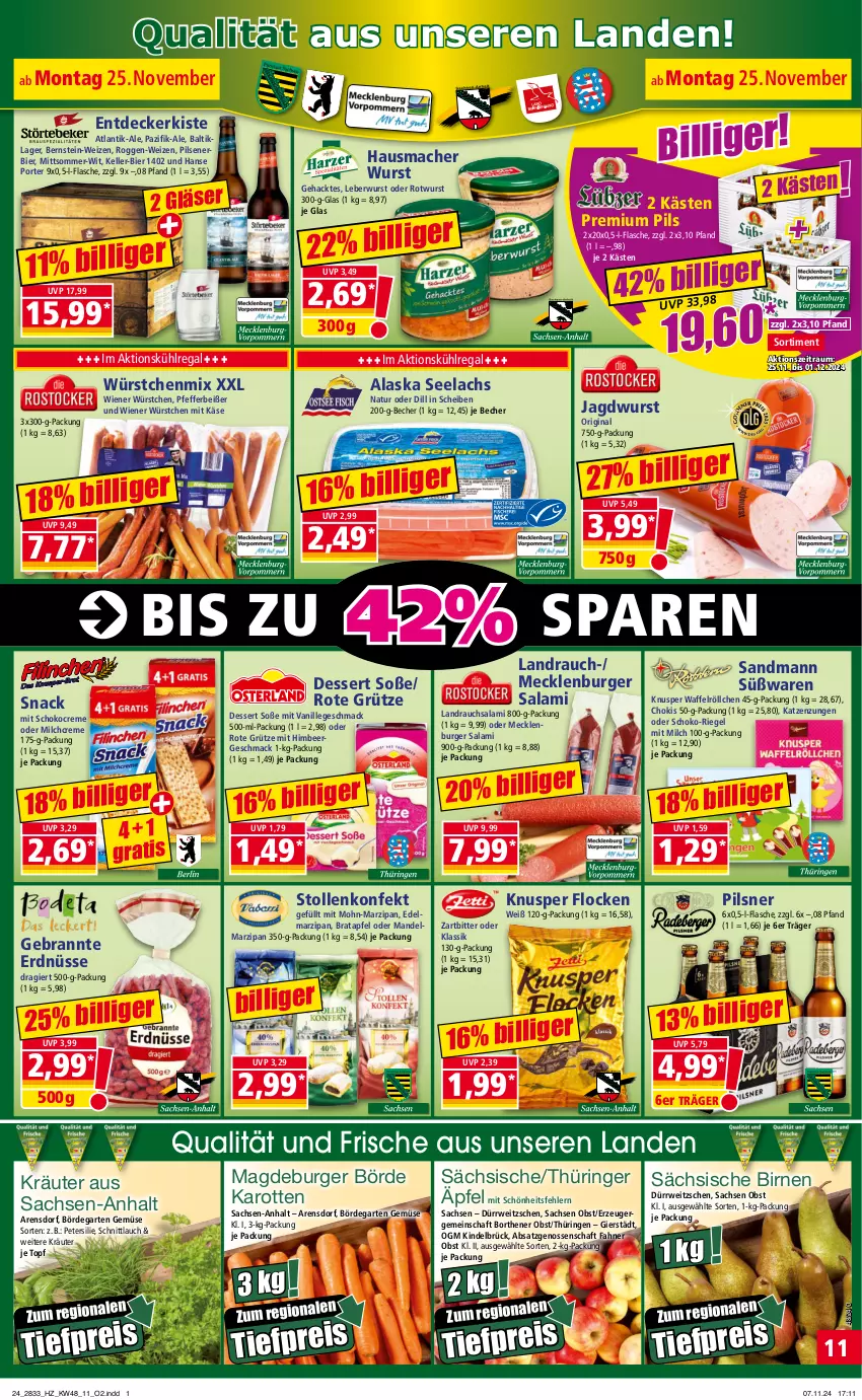 Aktueller Prospekt Norma - Norma - von 25.11 bis 02.12.2024 - strona 11 - produkty: apfel, Becher, bier, Birnen, burger, creme, decke, dessert, Edelmarzipan, eis, elle, erdnüsse, flasche, Garten, Gebrannte Erdnüsse, gin, Gläser, grütze, Hausmacher, himbeer, jagdwurst, karotten, Käse, kräuter, kühlregal, lachs, leberwurst, mac, mandel, marzipan, mecklenburger salami, milch, natur, obst, petersilie, pfeffer, Pfefferbeißer, pils, pilsener, pilsner, premium pils, Rauch, regal, reis, riegel, ring, Rote Grütze, Rotwurst, rwe, sac, salami, schnittlauch, schoko, snack, Soße, Stollen, Ti, tiefpreis, topf, vanille, Waffelröllchen, wiener, wiener würstchen, wurst, würstchen