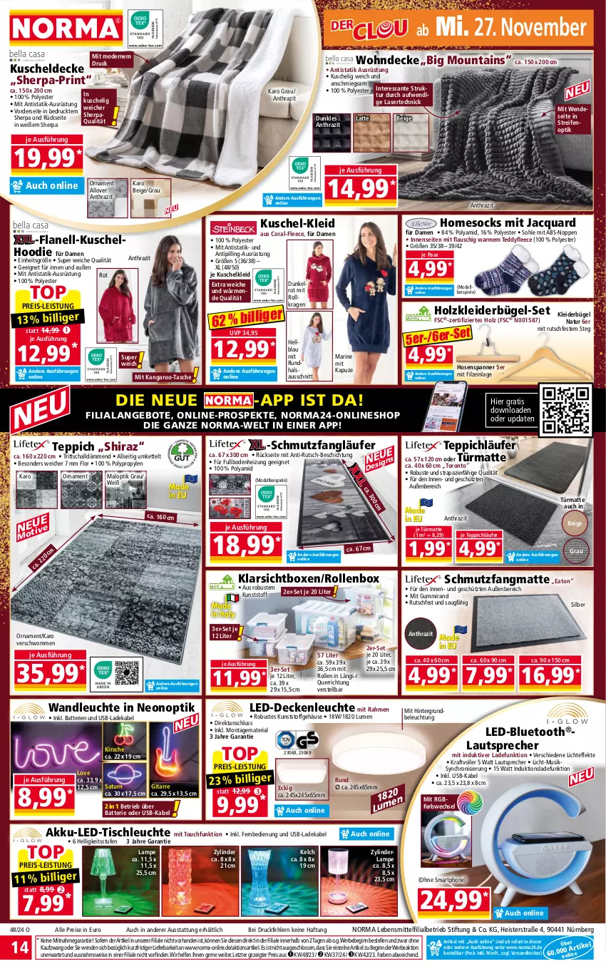 Aktueller Prospekt Norma - Norma - von 25.11 bis 02.12.2024 - strona 14 - produkty: akku, angebot, angebote, aqua, batterie, batterien, Bebe, beleuchtung, bügel, Coral, decke, deckenleuchte, deka, dell, eis, elle, fernbedienung, gin, Holz, hose, hosen, Kette, kirsch, kirsche, Klarsichtbox, kleid, kleider, kleiderbügel, kraft, kuscheldecke, Kuschelkleid, ladekabel, Lampe, latte, Läufer, lautsprecher, lebensmittel, led-deckenleuchte, led-tischleuchte, Leuchte, Mode, natur, ndk, reifen, reis, Ria, Rollenbox, SANTE, Schal, schmutzfangmatte, smartphone, Spiele, Tasche, Technic, teppich, Ti, Tipi, tisch, tischleuchte, usb, ZTE