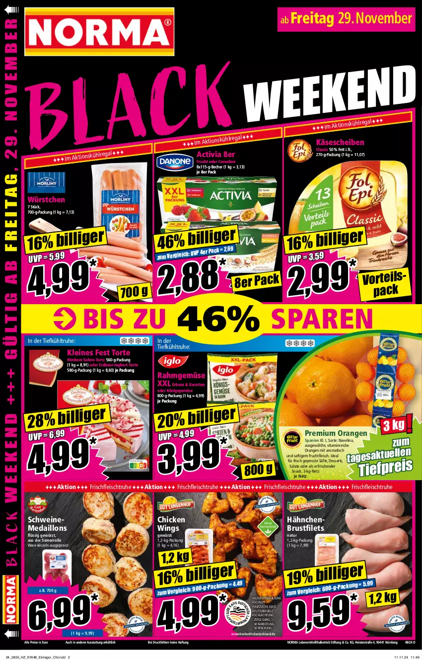 Aktueller Prospekt Norma - Norma - von 25.11 bis 02.12.2024 - strona 16 - produkty: activia, Becher, brustfilet, cerealien, chicken wings, dessert, desserts, eis, erbsen, filet, filets, fleisch, frucht, fruchtfleisch, gewürz, hähnchenbrust, hähnchenbrustfilet, himbeer, joghur, joghurt, karotten, Käse, käsescheiben, lebensmittel, leine, medaillons, natur, navelina, orange, orangen, Rahmgemüse, reis, saft, säfte, sahne, salat, salate, schwein, schweine, snack, Ti, tiefpreis, tisch, torte, vita, wein, weine, würstchen