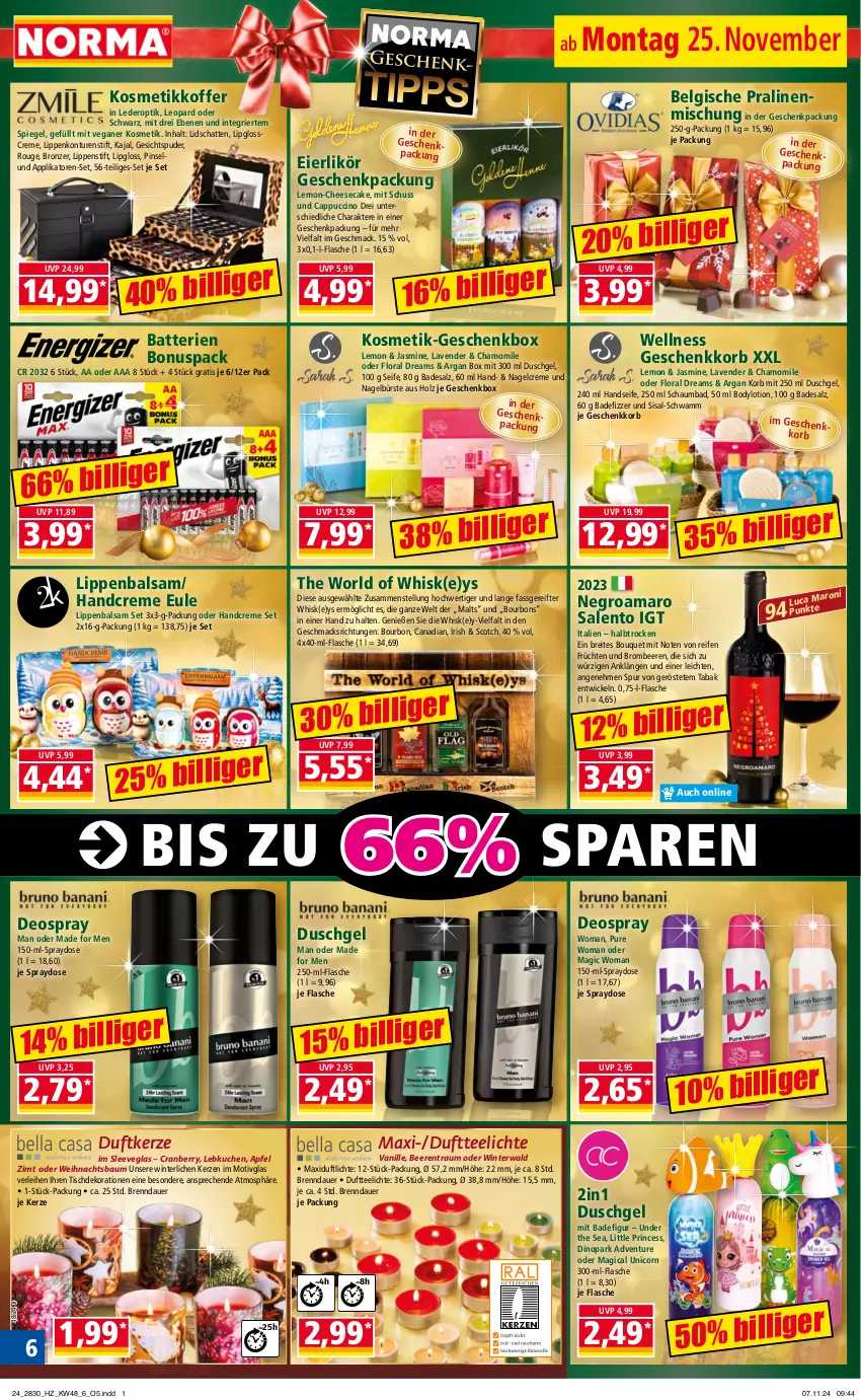 Aktueller Prospekt Norma - Norma - von 25.11 bis 02.12.2024 - strona 6 - produkty: amaro, apfel, auer, Bad, balsam, batterie, batterien, Bau, beere, beeren, Belgische Pralinen, body, bodylotion, bourbon, Brei, brombeere, brombeeren, bürste, Cap, cappuccino, cheesecake, cin, cranberry, creme, dekoration, deo, deospray, Duftkerze, Duftteelichte, duschgel, eier, eierlikör, flasche, früchte, früchten, Geschenkbox, geschenkpackung, handcreme, Handseife, Holz, kerze, koffer, korb, kosmetik, kuchen, Lebkuchen, LG, likör, Lipgloss, Lippenbalsam, Lippenstift, Lotion, mac, Pinsel, pralinen, reifen, rouge, salz, schaumbad, schwamm, scotch, Seife, spiegel, tee, Teelicht, teelichte, Ti, tisch, vanille, Weihnachtsbaum, WICK