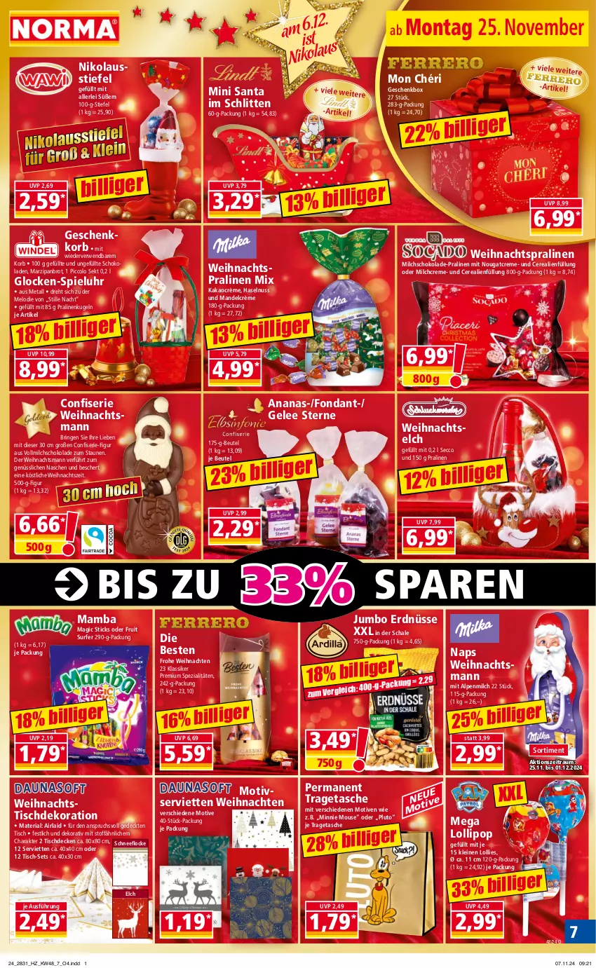 Aktueller Prospekt Norma - Norma - von 25.11 bis 02.12.2024 - strona 7 - produkty: alpenmilch, ananas, beutel, brot, cerealien, creme, decke, dekoration, ecco, erdnüsse, gelee, Geschenkbox, haselnuss, jumbo, kakao, korb, Kugel, leine, mam, mandel, marzipan, milch, Mon Chéri, Nougatcreme, nuss, pralinen, Ria, ring, rwe, Schal, Schale, Schlitten, schoko, schokolade, schokoladen, sekt, Serviette, servietten, Spezi, Surf, Tasche, Ti, tisch, tischdecke, tragetasche, uhr, vollmilch, weihnachten