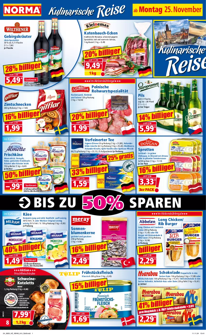 Aktueller Prospekt Norma - Norma - von 25.11 bis 02.12.2024 - strona 8 - produkty: apfel, aprikose, Bau, bbq-sauce, Becher, beere, beutel, blume, blumen, Blüte, burger, chili, creme, daim, eis, elle, flasche, fleisch, frischkäse, frühstücksfleisch, gin, holunder, holunderblüte, in olivenöl, ingwer, Käse, kirsch, kirsche, knoblauch, kotelett, kräuter, kühlregal, likör, limette, meerrettich, Mett, milch, mit röstzwiebeln, natur, nuss, oder kräuter, olive, oliven, olivenöl, pfirsich, pils, regal, Rettich, rezept, Rohwurst, röstzwiebeln, salami, salz, sandwich, sauce, schoko, schokolade, schwein, schweine, schweinekotelett, sonnenblume, sonnenblumen, Sonnenblumenkerne, Speck, Spezi, Sprotten, tafelschokolade, tee, Ti, tomate, tomaten, tomatensauce, vanille, vollmilch, wein, weine, wurst, zitrone, zwiebel, zwiebeln