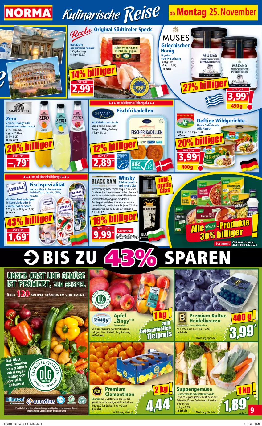 Aktueller Prospekt Norma - Norma - von 25.11 bis 02.12.2024 - strona 9 - produkty: apfel, beere, beeren, bohne, bohnen, chili, clementinen, dell, eis, elle, ente, erde, filet, filets, fisch, fische, flasche, fleisch, frikadellen, frucht, früchte, fruchtfleisch, gabel, gin, gulasch, heidelbeere, heidelbeeren, hering, Herings, heringsfilets, Heringshappen, honig, kaffee, kaffeebohnen, kakao, karamell, karotten, kräuter, kühlregal, lachs, LG, mac, Nuance, obst, Obst und Gemüse, orange, petersilie, Ragout, Rauch, regal, reis, remoulade, rezept, ring, saft, sahne, sauce, Schal, Schale, Speck, Spezi, südtiroler, suppe, suppen, Ti, tiefpreis, und gemüse, vanille, whisky, Wild, zitrone, ZTE, zwiebel