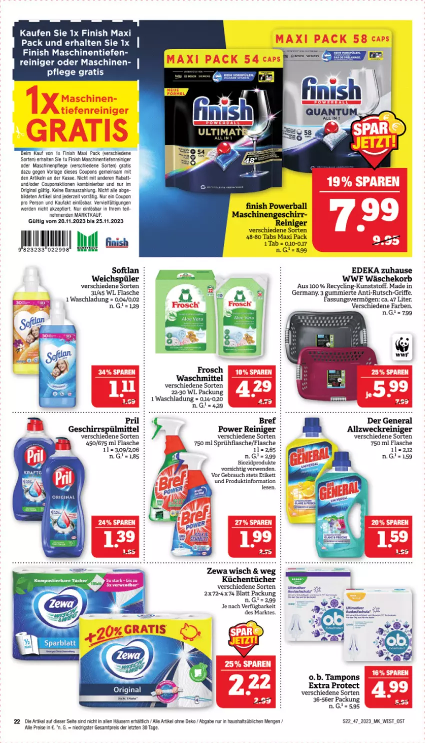 Aktueller Prospekt Marktkauf - Prospekt - von 19.11 bis 25.11.2023 - strona 22 - produkty: allzweckreiniger, ball, bio, biozidprodukte, Bref, Clin, coupon, coupons, deka, eis, erde, Finish, flasche, Germ, geschirr, gin, korb, küche, Küchen, küchentücher, O.b., powerball, pril, Rauch, reiniger, reis, rwe, Softlan, sprühflasche, Tampon, tampons, Ti, tücher, wäschekorb, waschmittel, weck, weichspüler, zewa, ZTE