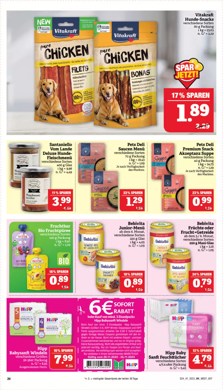 Aktueller Prospekt Marktkauf - Prospekt - von 19.11 bis 25.11.2023 - strona 24 - produkty: bebivita, bio, bolognese, eis, feuchttücher, fleisch, frucht, früchte, hipp, kraft, püree, reis, sauce, saucen, snack, snacks, suppe, tücher, vita, vitakraft, windeln, ZTE