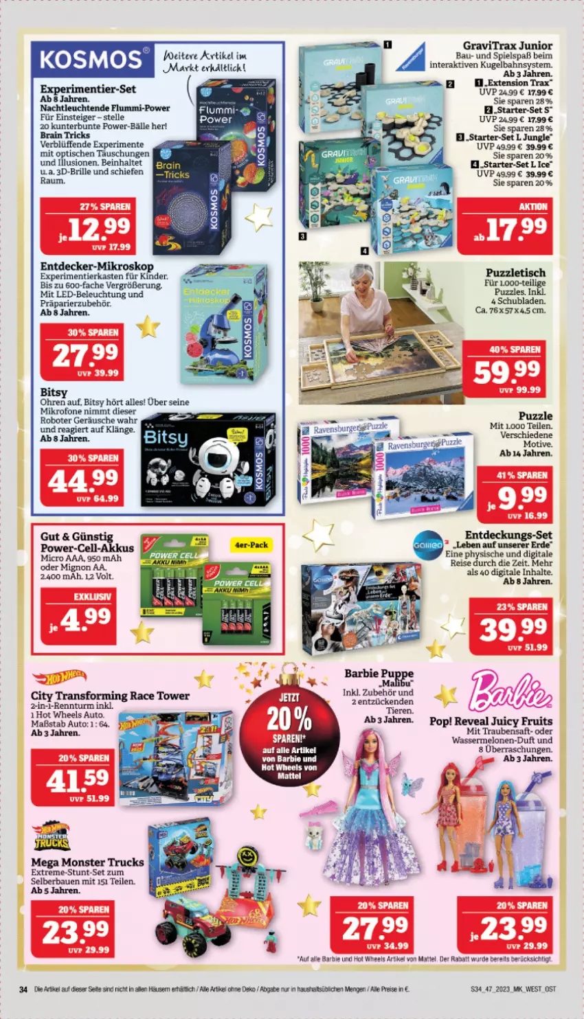 Aktueller Prospekt Marktkauf - Prospekt - von 19.11 bis 25.11.2023 - strona 34 - produkty: akku, auto, Barbie, Bau, beleuchtung, Brille, decke, eis, elle, ente, erde, Hot Wheels, Juicy Fruit, led-beleuchtung, Leuchte, leuchten, Mattel, melone, melonen, mit led-beleuchtung, monster, Monster Truck, Puzzle, reis, saft, schubladen, Ti, Tiere, tisch, trauben, Traubensaft, wasser, wassermelone, wassermelonen