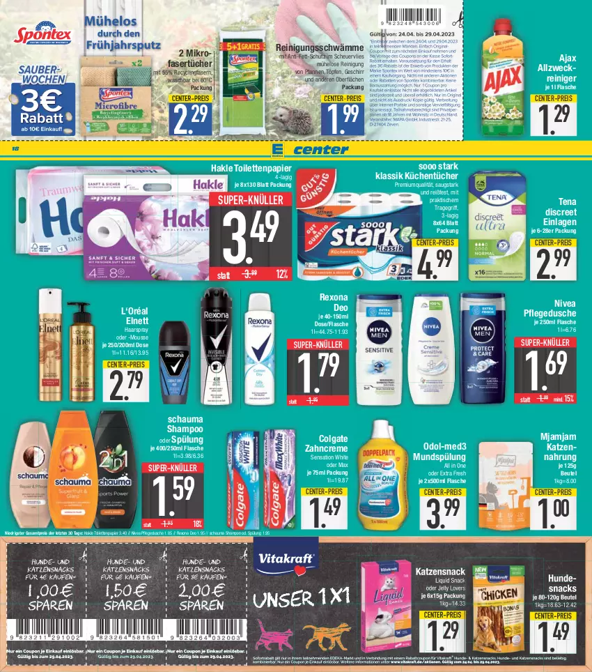 Aktueller Prospekt E Center - Angebote der Woche - von 24.04 bis 29.04.2023 - strona 18 - produkty: ajax, allzweckreiniger, beutel, Clin, colgate, creme, deo, Discreet, dusche, eis, elnett, ente, flasche, geschirr, haarspray, hakle, hakle toilettenpapier, Heu, hundesnack, hundesnacks, katzennahrung, katzensnack, küche, Küchen, küchentücher, LG, mikrofaser, Mikrofasertücher, mousse, mundspülung, nivea, Odol, papier, pfanne, pfannen, pflegedusche, reiniger, Reinigung, reis, rexona, schauma, schauma shampoo, shampoo, shampoo oder spülung, snack, snacks, spülung, super-knüller, Ti, tisch, toilettenpapier, tragegriff, tücher, weck, zahncreme, ZTE