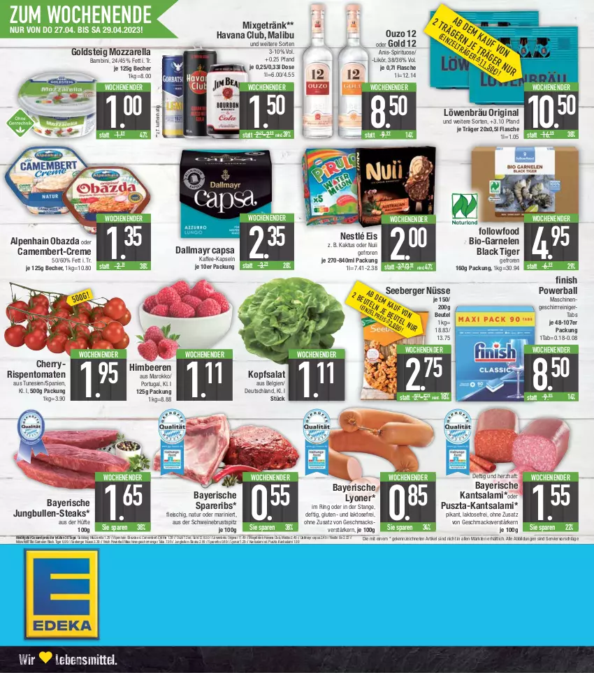 Aktueller Prospekt E Center - Angebote der Woche - von 24.04 bis 29.04.2023 - strona 20 - produkty: Alpenhain, ball, Becher, beere, beeren, Berger, beutel, bio, camembert, Cap, creme, dallmayr, dallmayr capsa, eis, Finish, flasche, fleisch, garnelen, geschirr, getränk, gin, goldsteig, Havana Club, himbeer, himbeere, himbeeren, jungbullen, kaffee, kaffee-kapseln, kopfsalat, lack, lebensmittel, LG, likör, lyoner, mac, Malibu, Mixgetränk, mozzarella, natur, nestlé, nuii, obazda, ouzo, ouzo 12, powerball, reiniger, reis, rel, ring, rispentomaten, salami, salat, schwein, schweine, seeberger, spareribs, steak, steaks, Ti, tomate, tomaten, wein, weine, Yo, ZTE