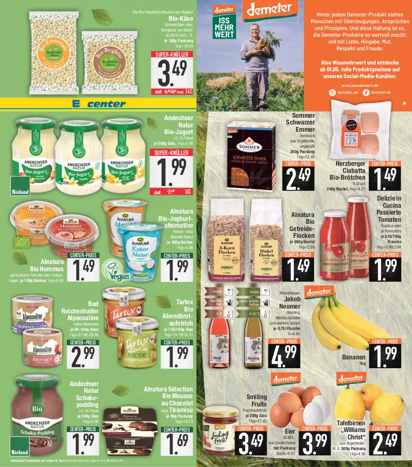 Aktueller Prospekt E Center - Angebote der Woche - von 24.04 bis 29.04.2023 - strona 9 - produkty: andechser natur, auer, aufstrich, Bad, banane, bananen, Bau, Bauer, Becher, Berger, Bergkäse, beutel, bio, bio-joghurt, Bio-Käse, Birnen, brot, brotaufstrich, brötchen, burgunder, ciabatta, cin, cola, eier, eis, emmentaler, ente, fisch, flasche, frucht, fruchtaufstrich, Geflügel, grill, herzberger, Heu, heumilch, hummus, jako, joghur, joghurt, jogurt, Käse, kokos, mandel, milch, mousse, Mousse au Chocolat, natur, natura, pudding, reis, riesling, salz, schoko, super-knüller, tafelbirnen, Ti, tomate, tomaten, Weißburgunder, ZTE