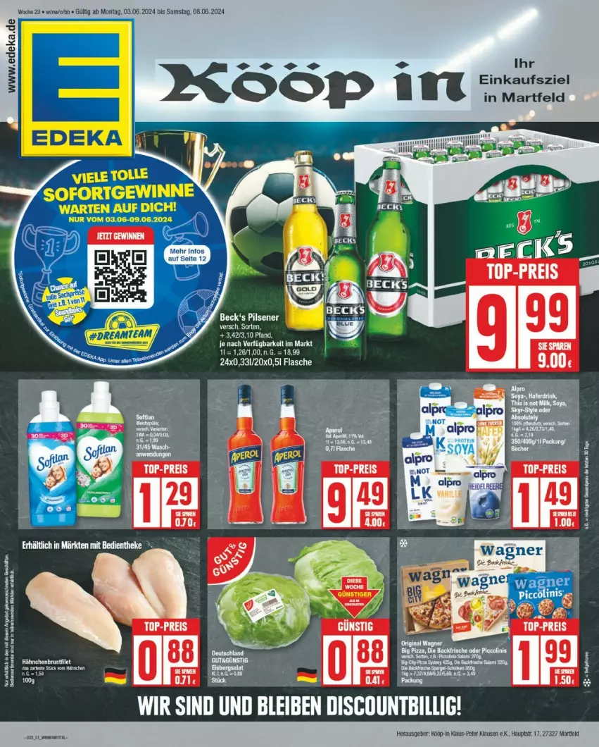 Aktueller Prospekt Edeka - Prospekte - von 03.06 bis 08.06.2024 - strona 1 - produkty: beck's, brustfilet, deka, eis, filet, flasche, hähnchenbrust, hähnchenbrustfilet, pils, pilsener, reis, Ti, top-preis