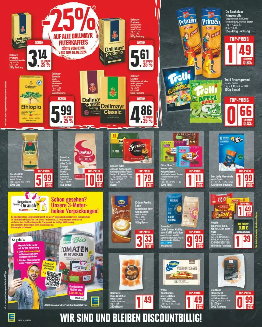 Aktueller Prospekt Edeka - Prospekte - von 03.06 bis 08.06.2024 - strona 10 - produkty: auer, brot, dallmayr, discount, eis, frucht, fruchtgummi, knäckebrot, reis, tee, top-preis, trolli, trolli fruchtgummi