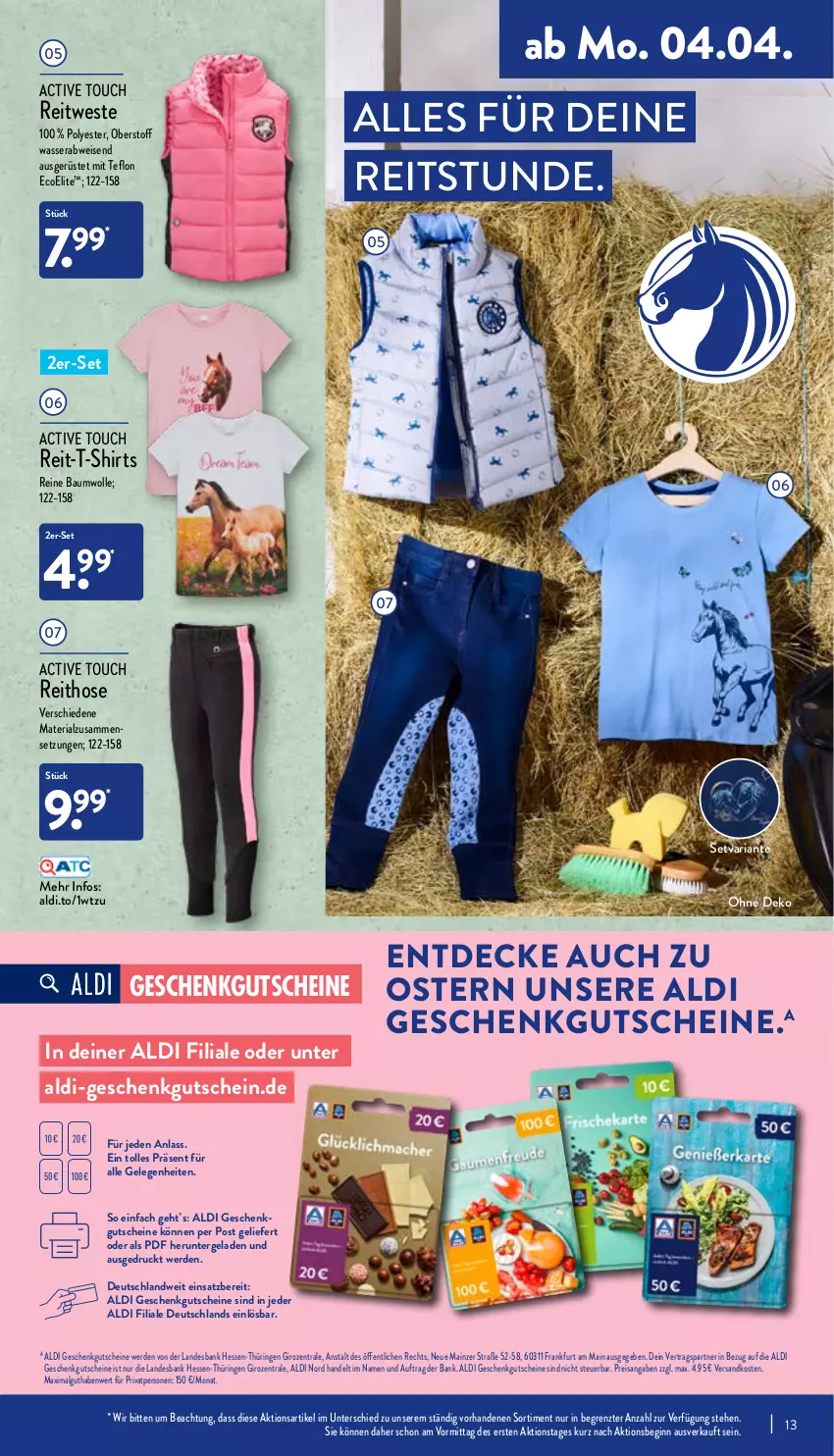 Aktueller Prospekt Aldi Nord - Aldi-Vorschau - von 04.04 bis 09.04.2022 - strona 13 - produkty: active touch, aldi, Bank, Bau, baumwolle, decke, eis, erde, gin, gutschein, gutscheine, hose, LG, ndk, reine baumwolle, reis, Ria, ring, shirt, shirts, T-Shirt, Ti, wasser, Weste, wolle, ZTE