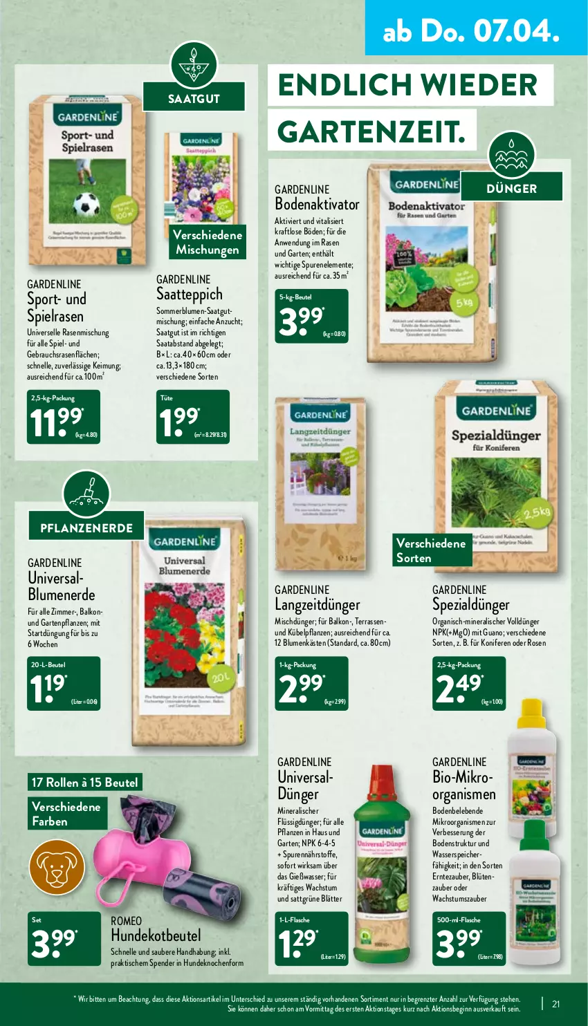 Aktueller Prospekt Aldi Nord - Aldi-Vorschau - von 04.04 bis 09.04.2022 - strona 21 - produkty: beutel, bio, blume, blumen, blumenerde, Blüte, dünger, elle, ente, erde, flasche, flüssigdünger, Garten, Gartenpflanze, gin, Konifere, kraft, kübelpflanzen, pflanze, pflanzen, rasen, Rauch, rosen, senf, Spezi, Sport, teppich, Ti, tisch, Tüte, vita, vitalis, wasser, ZTE