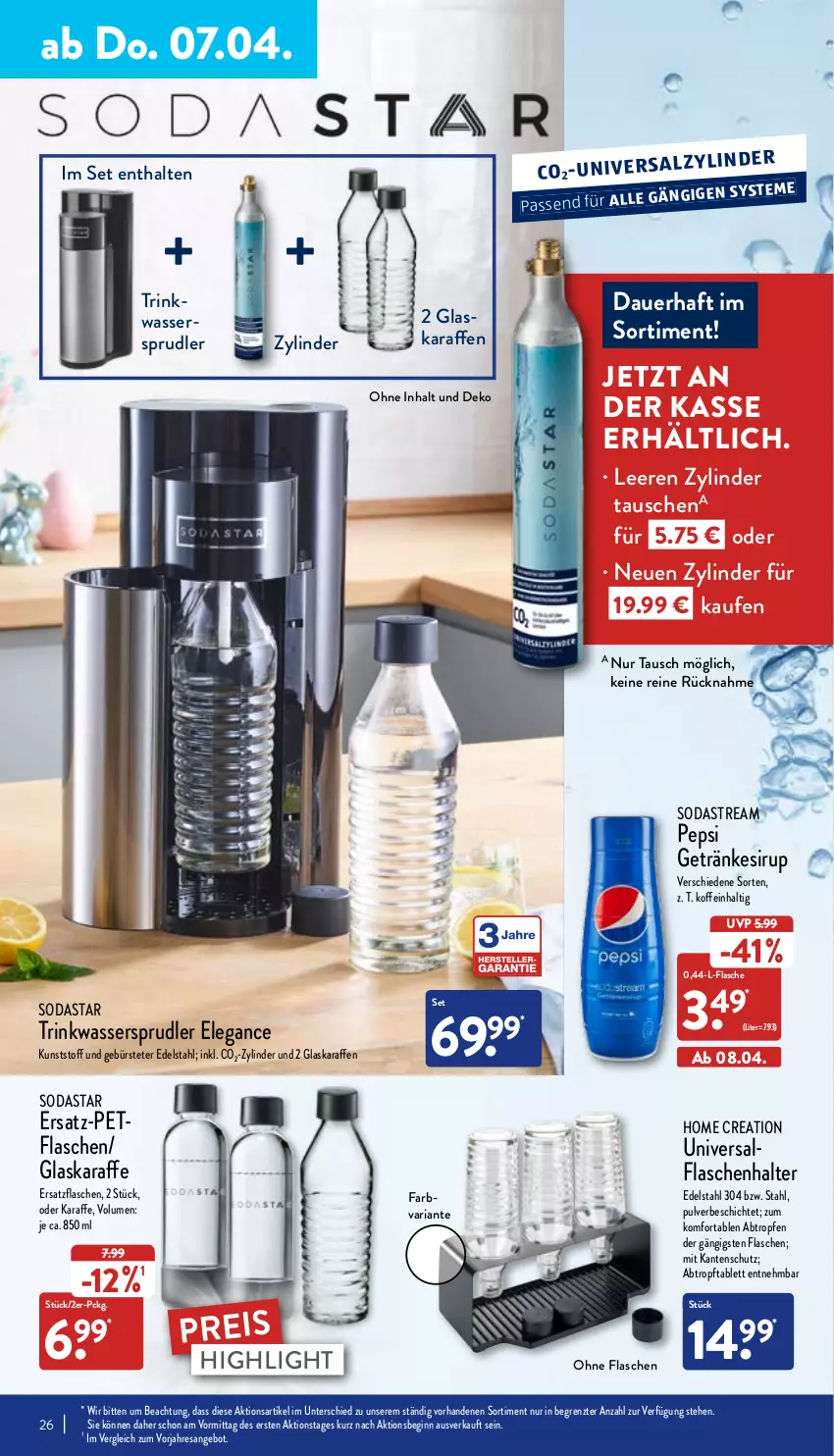 Aktueller Prospekt Aldi Nord - Aldi-Vorschau - von 04.04 bis 09.04.2022 - strona 26 - produkty: angebot, auer, bürste, edelstahl, eis, flasche, getränk, getränke, getränkesirup, gin, glaskaraffe, Karaffe, pepsi, reis, resa, Ria, sirup, Soda, sodastream, tablet, tablett, Ti, wasser, wassersprudler, ZTE