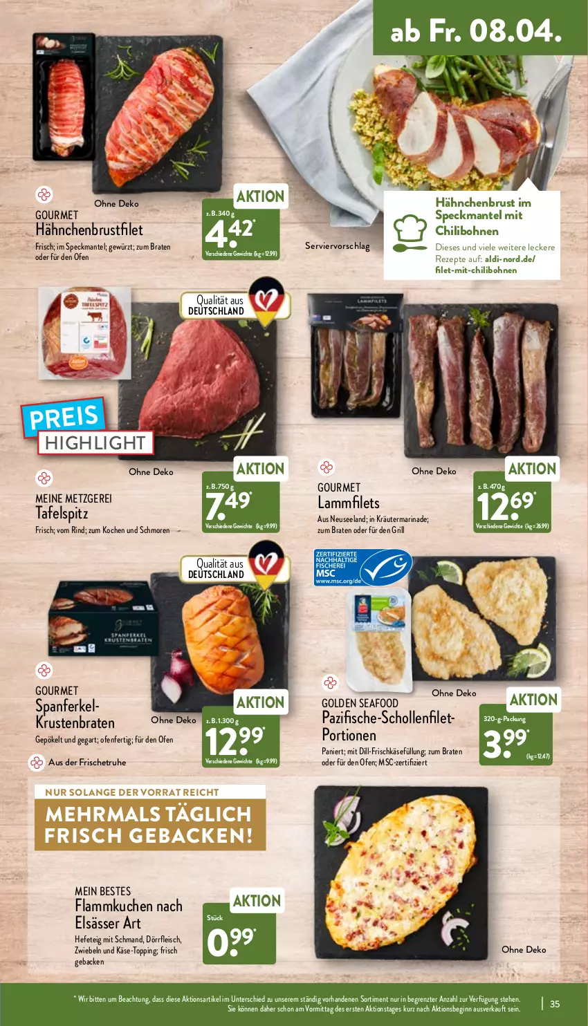 Aktueller Prospekt Aldi Nord - Aldi-Vorschau - von 04.04 bis 09.04.2022 - strona 35 - produkty: aldi, bohne, bohnen, braten, brustfilet, chili, eis, Elan, elsässer art, filet, filets, fisch, fische, flammkuchen, fleisch, frischkäse, geback, gewürz, gin, grill, hähnchenbrust, hähnchenbrustfilet, Hefe, Käse, kräuter, krustenbraten, kuchen, lamm, Lammfilets, Mantel, marinade, Ofen, reis, rezept, rezepte, rind, schmand, scholl, Speck, tafelspitz, Ti, ZTE, zwiebel, zwiebeln