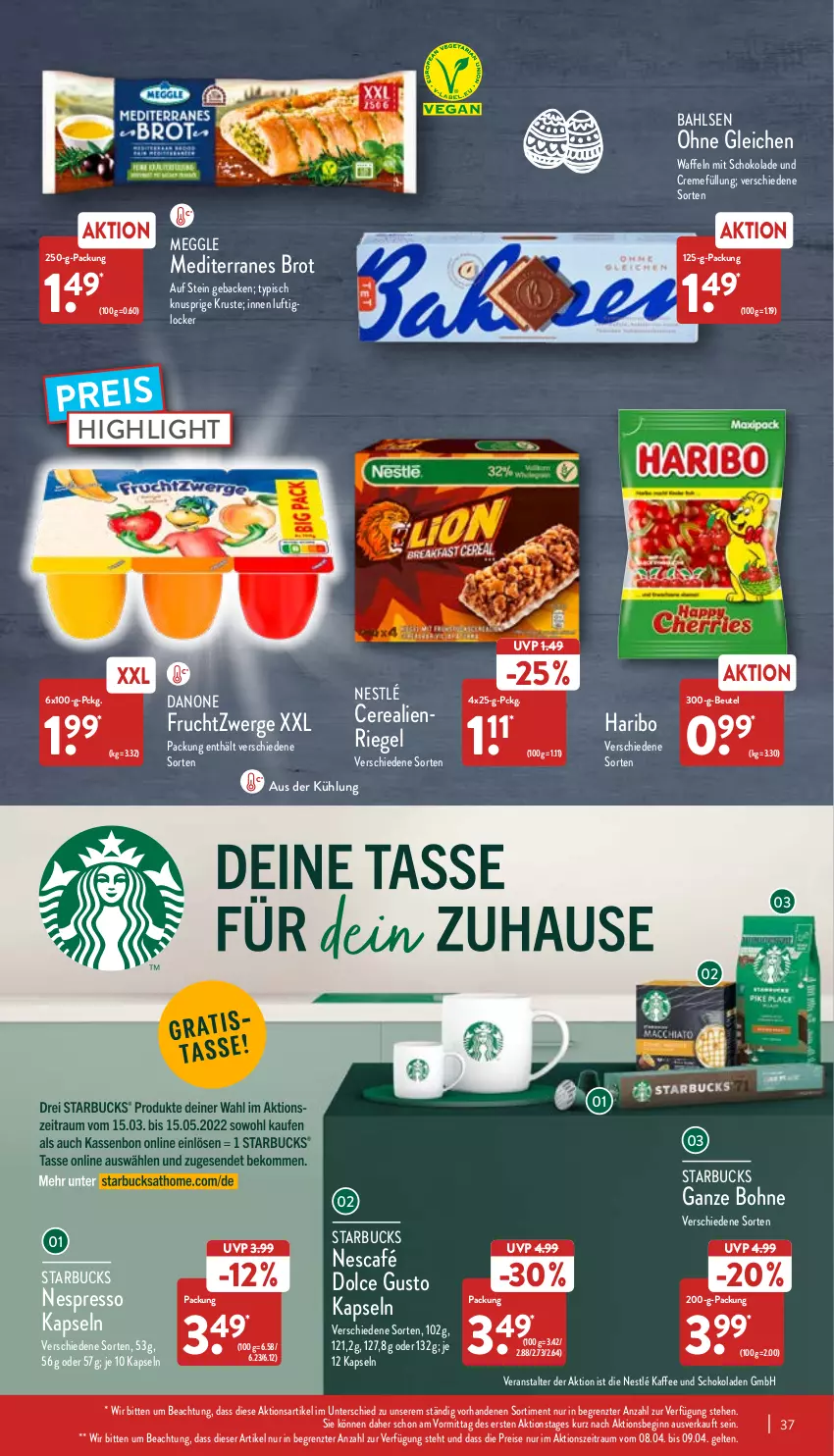 Aktueller Prospekt Aldi Nord - Aldi-Vorschau - von 04.04 bis 09.04.2022 - strona 37 - produkty: bahlsen, beutel, bohne, brot, cerealien, creme, danone, dolce gusto, eis, espresso, frucht, fruchtzwerge, geback, gin, haribo, iglo, kaffee, meggle, Nescafé, nespresso, nestlé, reis, riegel, schoko, schokolade, schokoladen, starbucks, Ti, waffeln, ZTE