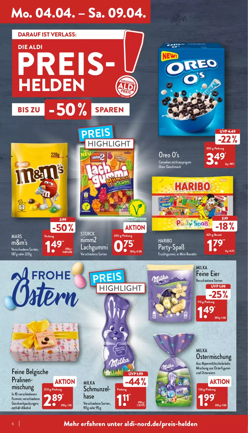 Aktueller Prospekt Aldi Nord - Aldi-Vorschau - von 04.04 bis 09.04.2022 - strona 6 - produkty: aldi, alkohol, alpenmilch, Belgische Pralinen, beutel, cerealien, eier, eis, frucht, fruchtgummi, geschenkpackung, haribo, lachgummi, LG, mac, mars, milch, milka, nimm2, oreo, pralinen, reis, schoko, schokolade, storck, Ti