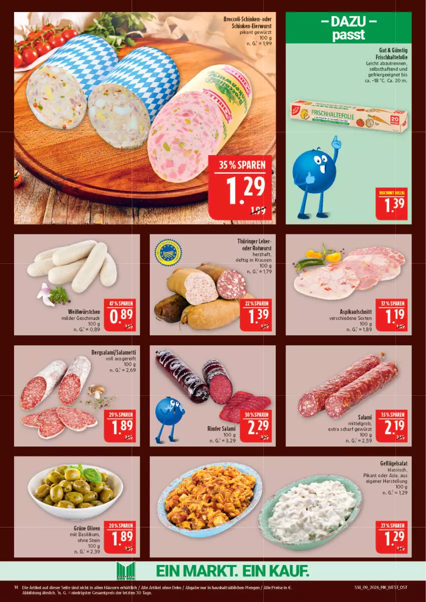 Aktueller Prospekt Marktkauf - Prospekt - von 22.02 bis 28.02.2026 - strona 14 - produkty: aufschnitt, basilikum, broccoli, eier, eis, Ergee, frischhaltefolie, Geflügel, geflügelsalat, gewürz, grüne oliven, LG, mac, Mett, olive, oliven, reis, rind, rinder, ring, Rotwurst, salami, salat, schinken, Ti, wurst, ZTE