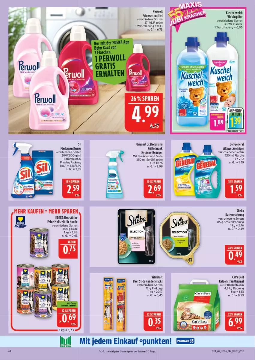 Aktueller Prospekt Marktkauf - Prospekt - von 22.02 bis 28.02.2026 - strona 24 - produkty: alkohol, allzweckreiniger, beef, bio, deka, eis, feinwaschmittel, flasche, Fleckenentferner, gin, hygiene-reiniger, katzennahrung, Katzenstreu, kraft, kühlschrank, Kuschelweich, perwoll, pflanze, pflanzen, reiniger, reis, Schal, Schale, Schrank, sheba, snack, snacks, Soda, sprühflasche, Ti, vita, vitakraft, waschmittel, weck, weichspüler, ZTE