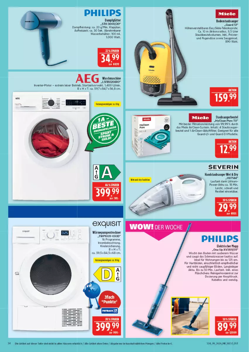 Aktueller Prospekt Marktkauf - Prospekt - von 22.02 bis 28.02.2026 - strona 34 - produkty: akku, Behälter, beleuchtung, beutel, bodenstaubsauger, Dampfglätter, dell, eis, elle, handstaubsauger, Kinder, miele, Mode, Philips, Pinsel, reiniger, reis, severin, staubbeutel, staubsauger, staubsaugerbeutel, Teleskop, Ti, Trockner, wärmepumpentrockner, waschmaschine, wasser