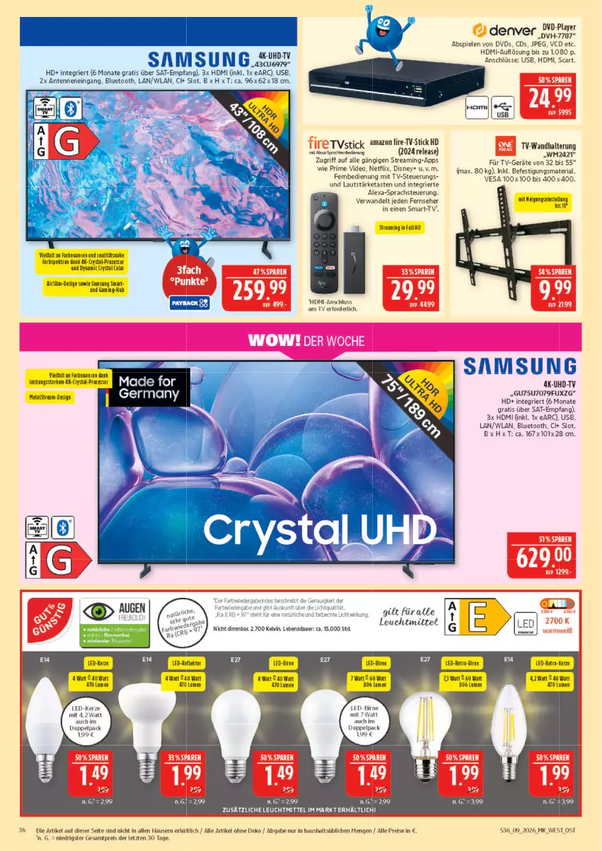 Aktueller Prospekt Marktkauf - Prospekt - von 22.02 bis 28.02.2026 - strona 36 - produkty: alexa, auer, deo, disney, dvd, eis, fernbedienung, fernseher, Germ, HDMI, kerze, LED-Kerze, leuchtmittel, netflix, reis, rel, Ria, Spiele, Ti, uhd, UHD-TV, usb, wandhalterung, ZTE