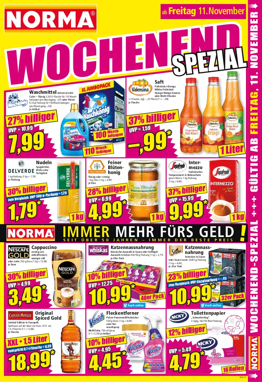 Aktueller Prospekt Norma - Norma - von 07.11 bis 14.11.2022 - strona 15 - produkty: ananas, Blüte, blütenhonig, bohne, bohnen, Cap, cappuccino, cin, flasche, fleckentferner, Geflügel, gelee, gin, honig, intermezzo, latte, lion, mango, Mett, Nassnahrung, nudel, nudeln, orange, original spiced gold, papier, rum, rwe, saft, sauce, Schmetterling, spaghetti, Spezi, Ti, toilettenpapier, vita, waschmittel