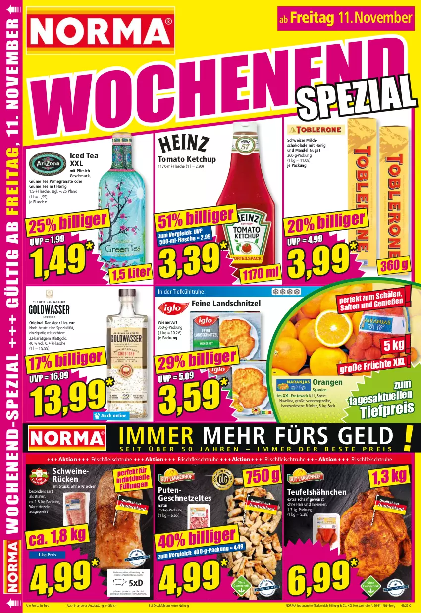 Aktueller Prospekt Norma - Norma - von 07.11 bis 14.11.2022 - strona 16 - produkty: braten, eis, flasche, fleisch, früchte, geschnetzeltes, gewürz, gin, grana, grüner tee, Heu, honig, ketchup, lebensmittel, liqueur, mac, mandel, milch, natur, navelina, orange, orangen, pfirsich, pute, Putengeschnetzeltes, Rana, reis, sac, saft, schnitzel, schoko, schokolade, schwein, schweine, schweinerücken, Spezi, tee, tesa, Ti, tiefpreis, tomato ketchup, wein, weine, wiener, Zelt